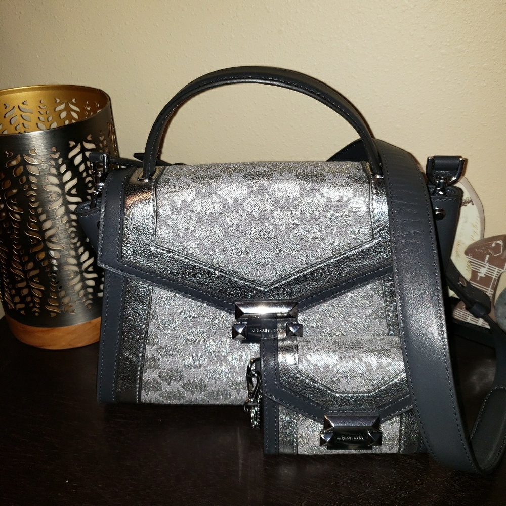 Michael Kors Silver Metallic and Dark Gray Top-Handle Satchel